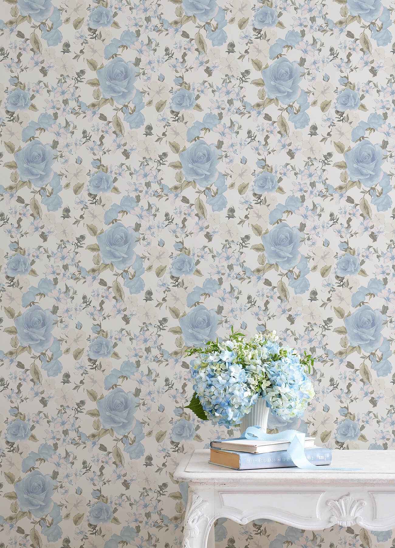 Sunset Harbor Rose Bella Lina Blue Roses & White Flowers Wallpaper - York Wallcoverings - AST4656 - York Wallcoverings Wallpaper