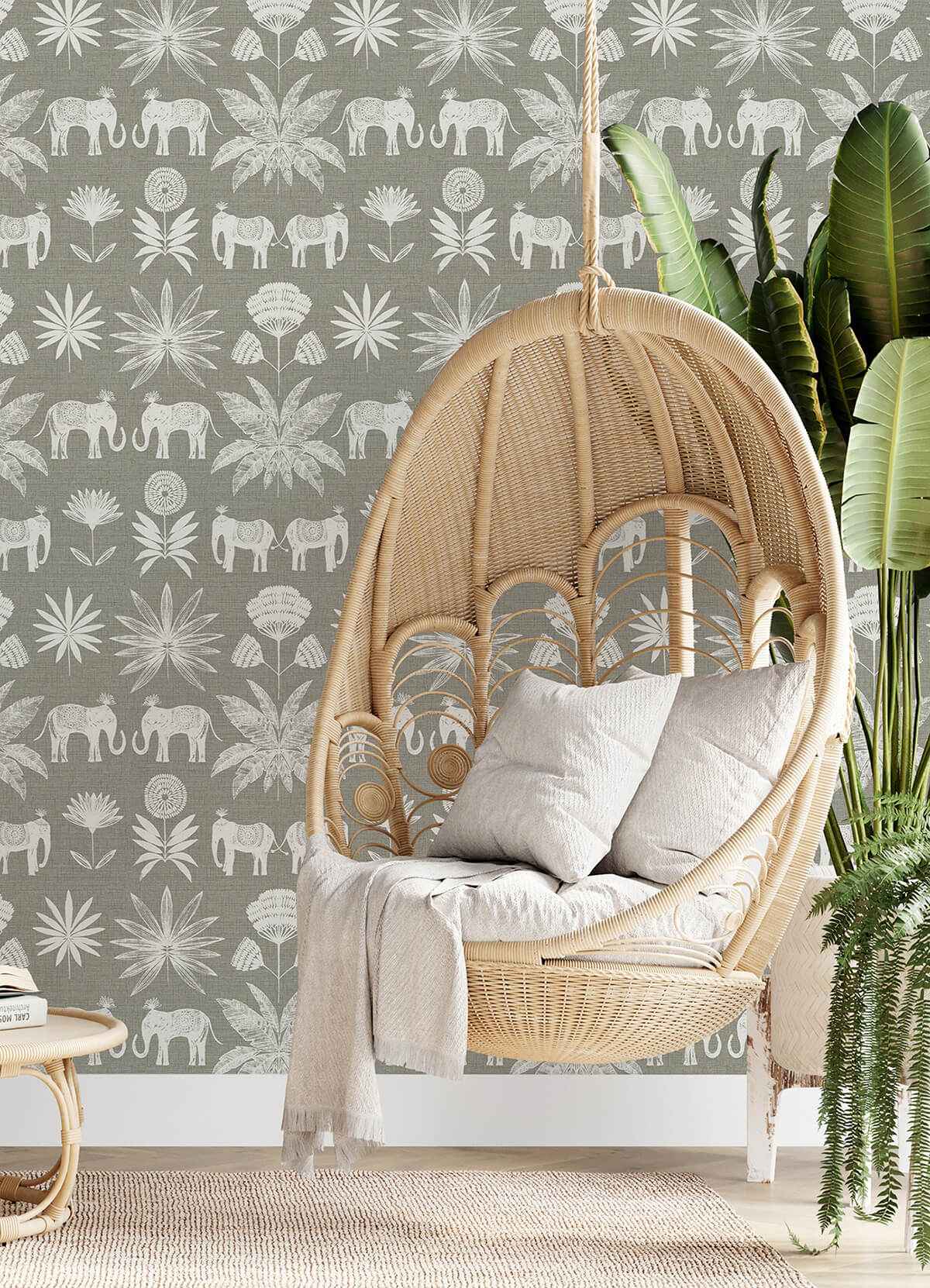 Bazaar Grey Elephant Oasis Wallpaper - York Wallcoverings - 4014-26437 - York Wallcoverings Wallpaper