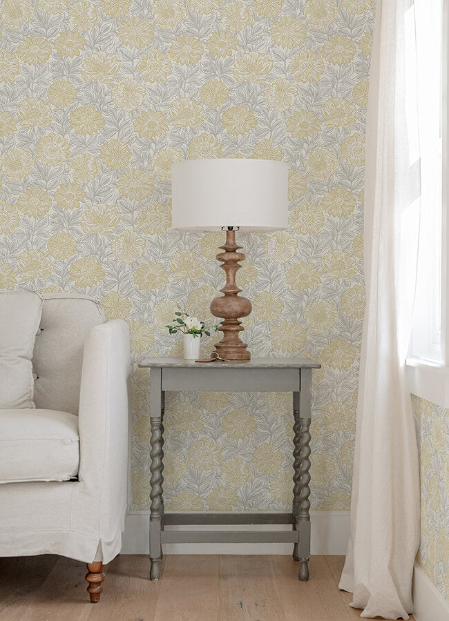 faustin-yellow-floral-wallpaper-york-wallcoverings-4072-70048 - York Wallcoverings Papel pintado