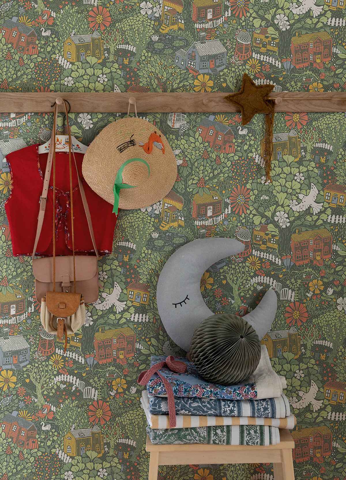Bygga Bo Green Woodland Village Wallpaper - York Wallcoverings - 4111-63003 - York Wallcoverings Wallpaper