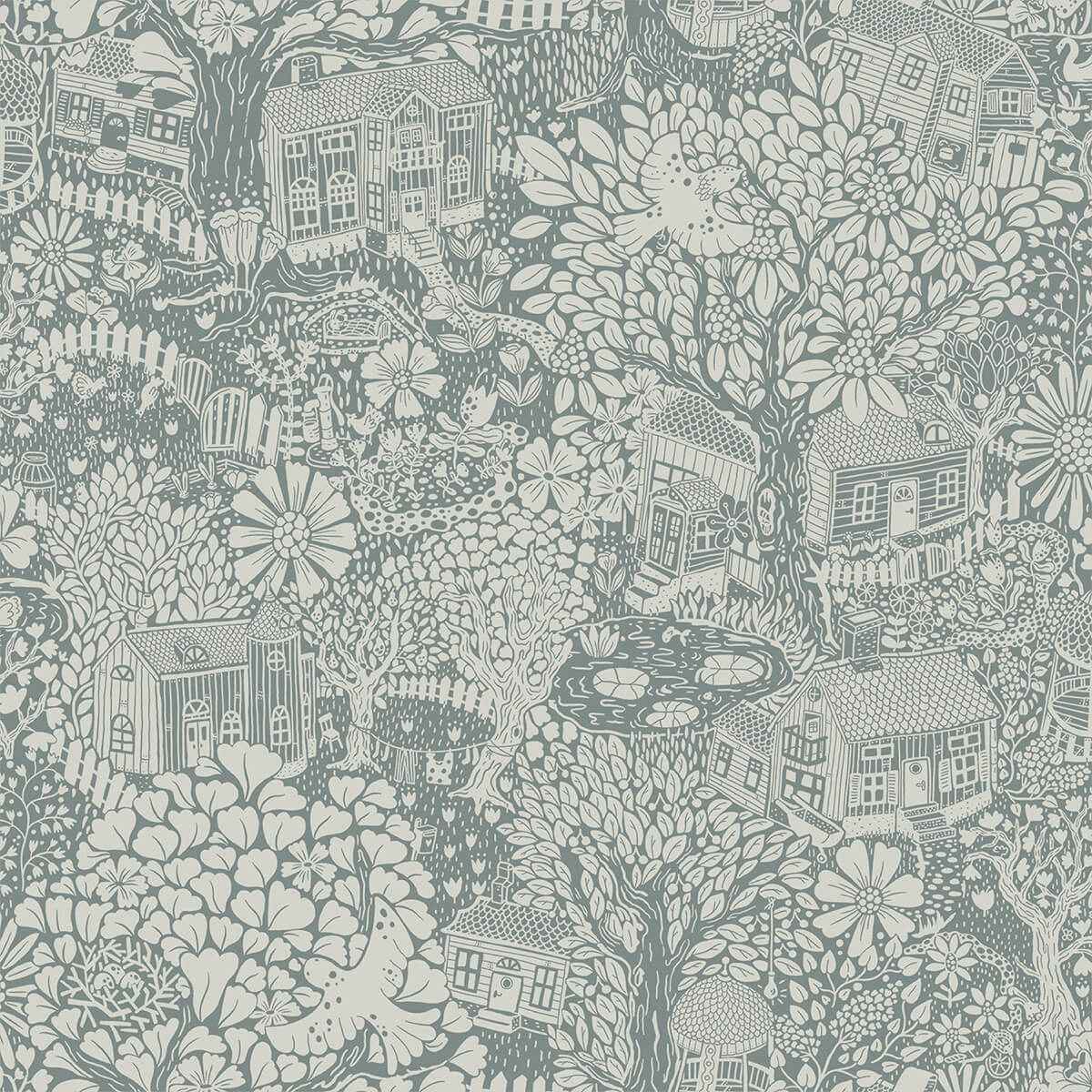 Bygga Bo Blue Woodland Village Wallpaper - York Wallcoverings - 4111-63005 - York Wallcoverings Wallpaper