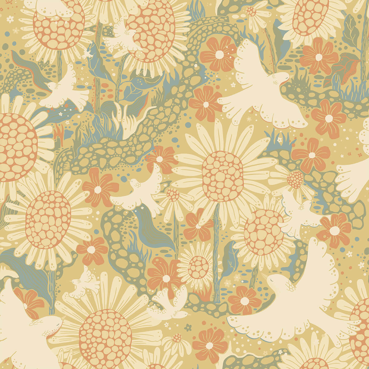 drmma-coral-songbirds-and-sunflowers-wallpaper-york-wallcoverings-4111-63008 - York Wallcoverings Papel pintado