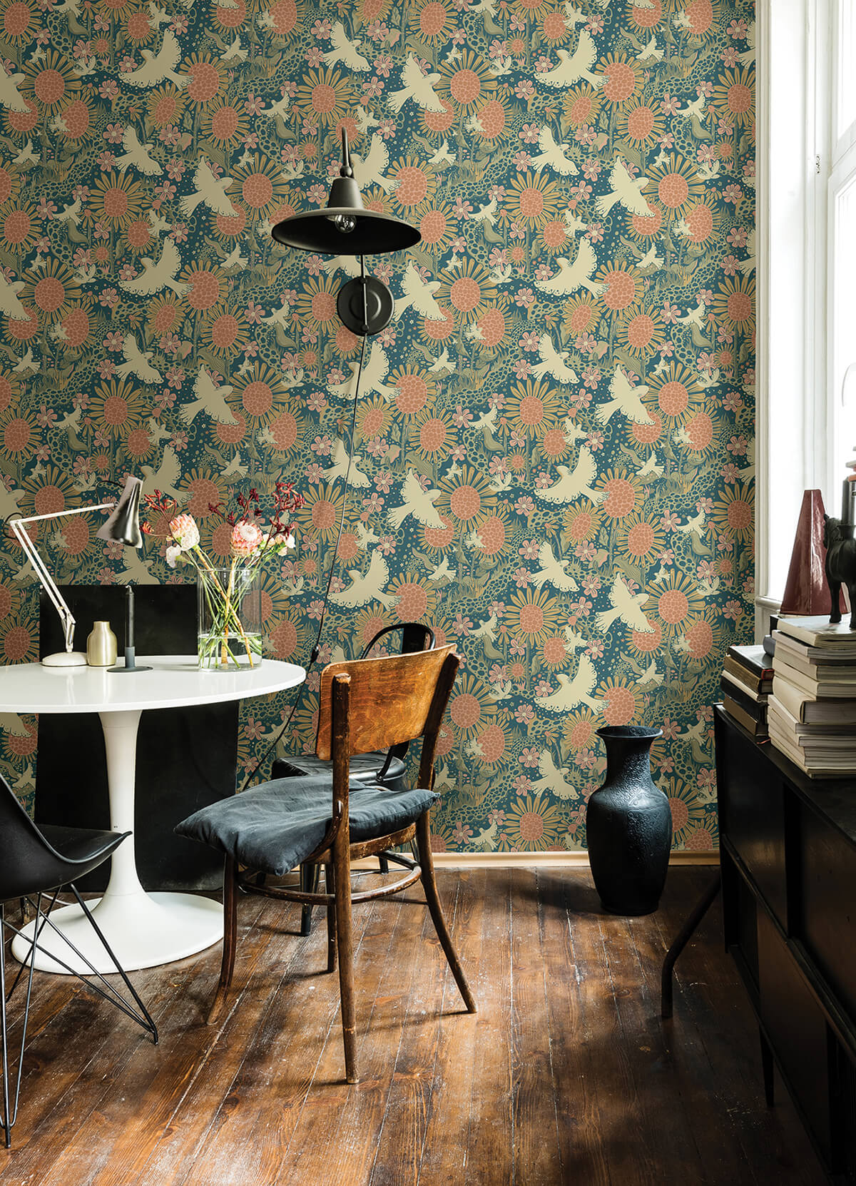 drmma-teal-songbirds-and-sunflowers-wallpaper-york-wallcoverings-4111-63007 - York Wallcoverings Wallpaper