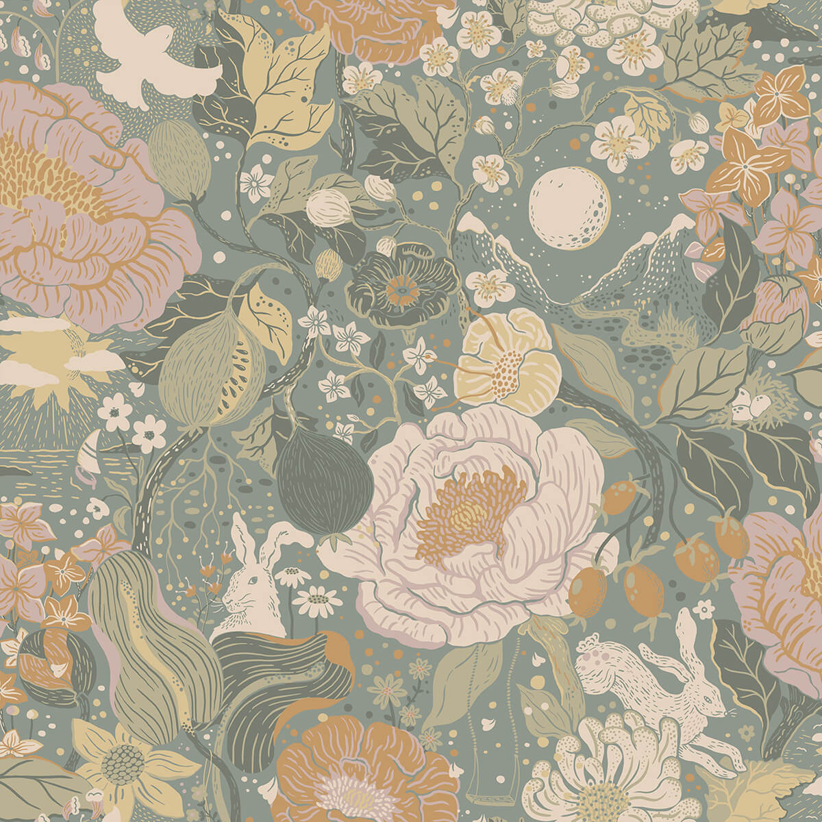vxa-slate-rabbits-rosehips-wallpaper-york-wallcoverings-4111-63016 - York Wallcoverings Wallpaper