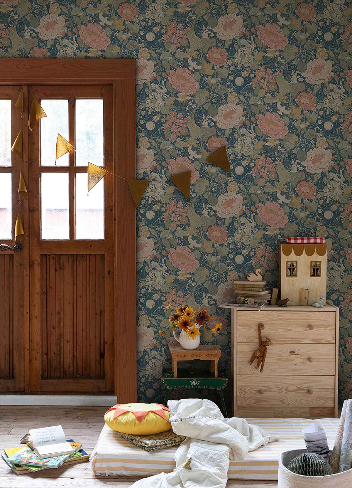 Växa Teal Rabbits & Rosehips Wallpaper - York Wallcoverings - 4111-63013 - York Wallcoverings Wallpaper