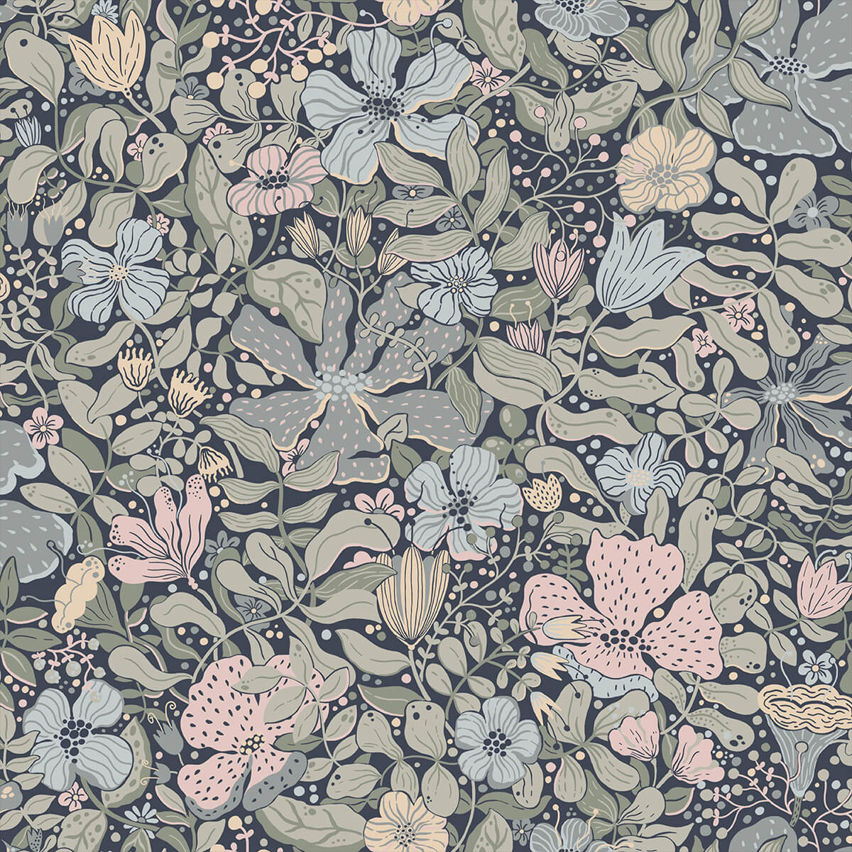 midsommar-dark-blue-floral-medley-wallpaper-york-wallcoverings-4111-63021 - York Wallcoverings Papel pintado