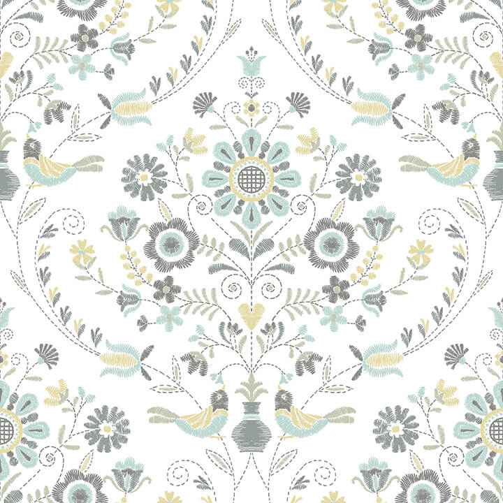 Britt Sea Green Embroidered Damask Wallpaper - York Wallcoverings - 4066-26510