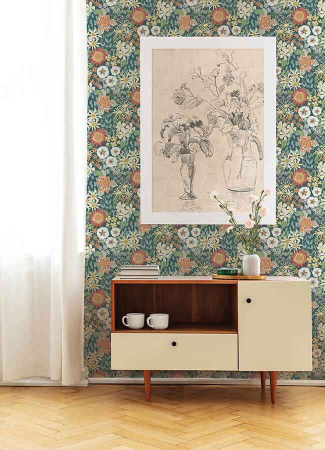 Karina Teal Wildflower Garden Wallpaper - York Wallcoverings - 4066-26520 - York Wallcoverings Wallpaper