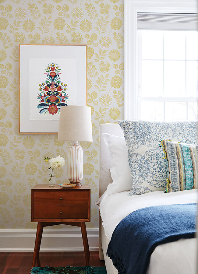 inge-yellow-floral-block-print-wallpaper-york-wallcoverings-4066-26530 - York Wallcoverings Papel pintado
