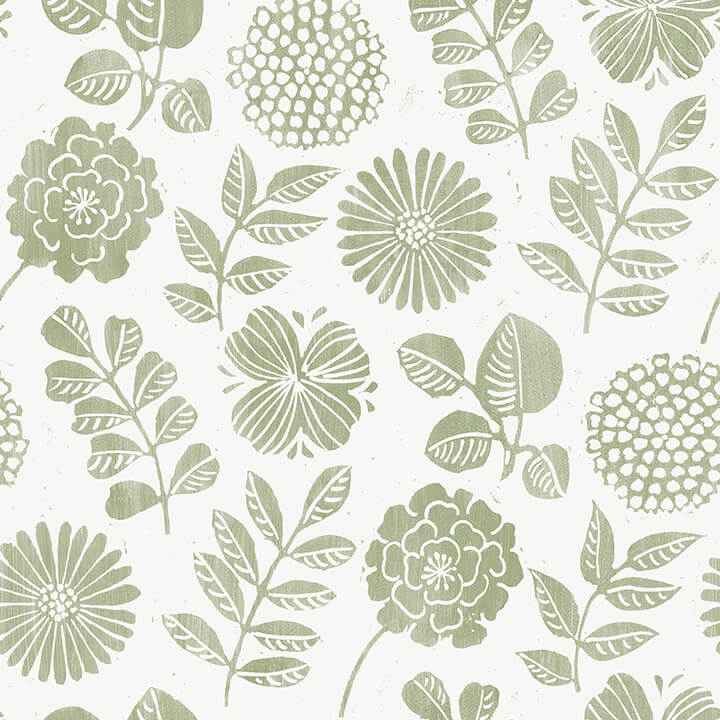 Inge Moss Floral Block Print Wallpaper - York Wallcoverings - 4066-26531