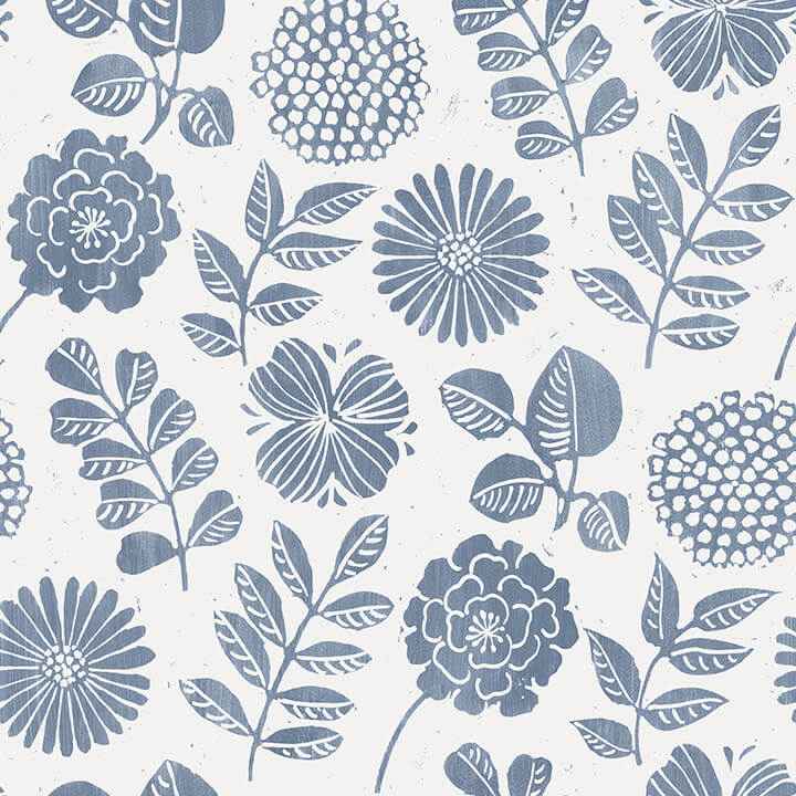 Inge Denim Floral Block Print Wallpaper - York Wallcoverings - 4066-26532