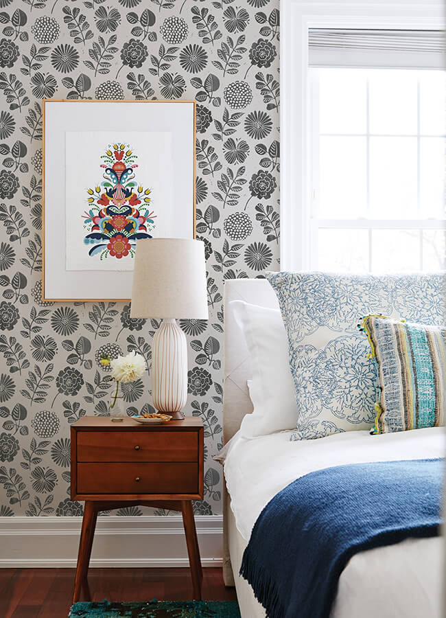 inge-black-floral-block-print-wallpaper-york-wallcoverings-4066-26534 - York Wallcoverings Papel pintado