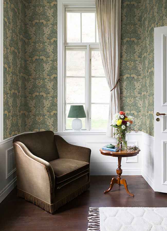 Ojvind Sea Green Floral Ogee Wallpaper - York Wallcoverings - 4080-83113 - York Wallcoverings Wallpaper