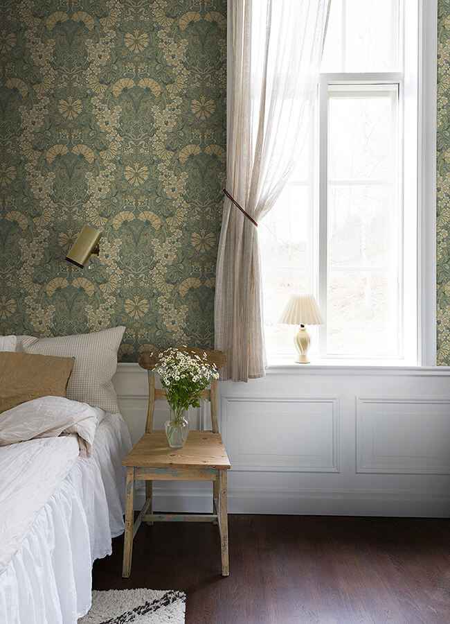 Ojvind Sea Green Floral Ogee Wallpaper - York Wallcoverings - 4080-83113 - York Wallcoverings Wallpaper