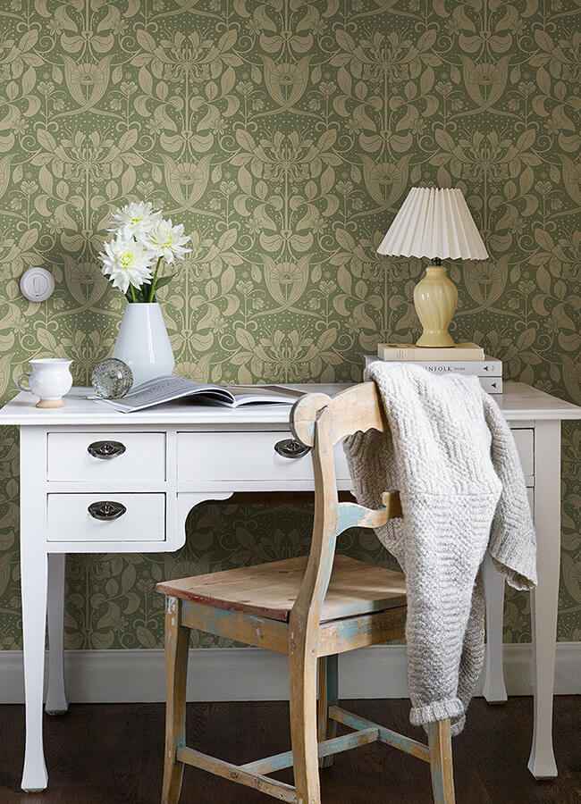 Berit Green Floral Crest Wallpaper - York Wallcoverings - 4080-83126 - York Wallcoverings Wallpaper