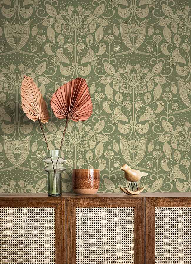 Berit Green Floral Crest Wallpaper - York Wallcoverings - 4080-83126 - York Wallcoverings Wallpaper