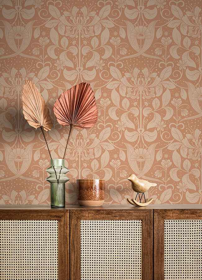 Berit Coral Floral Crest Wallpaper - York Wallcoverings - 4080-83128 - York Wallcoverings Wallpaper