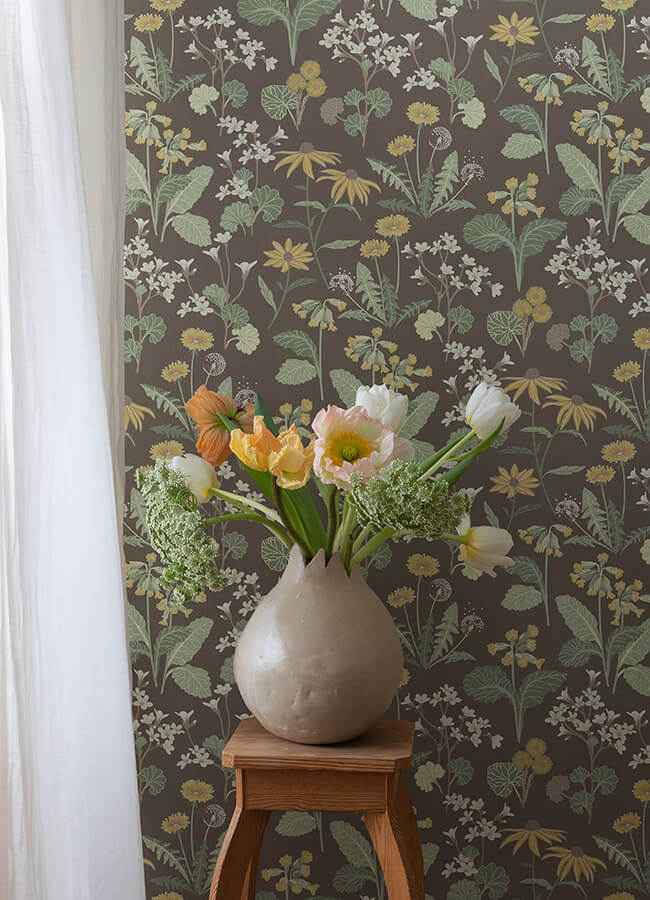 Magdalena Charcoal Dandelion Wallpaper - York Wallcoverings - 4080-92133 - York Wallcoverings Wallpaper