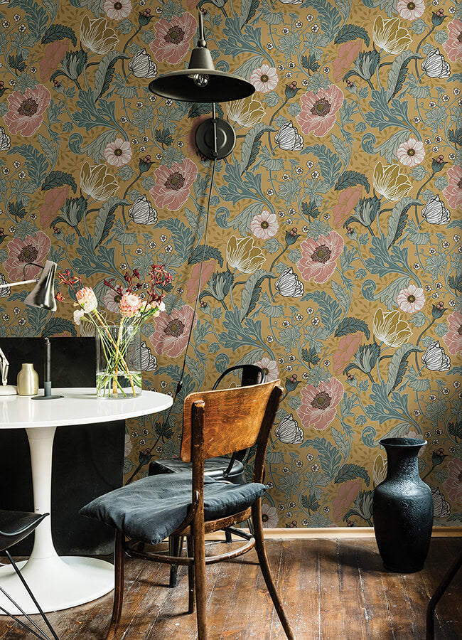 anemone-mustard-floral-wallpaper-york-wallcoverings-4080-33002 - York Wallcoverings Wallpaper