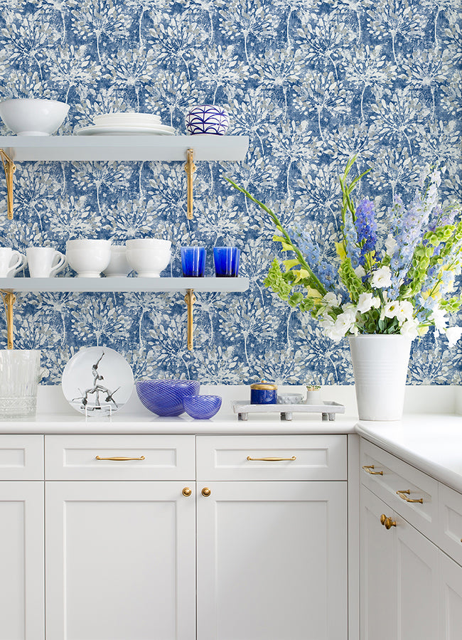 Dori Blue Painterly Floral Wallpaper - York Wallcoverings - 2980-26187 - York Wallcoverings Wallpaper