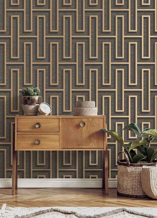 Henley Black Geometric Grasscloth Wallpaper - York Wallcoverings - 4125-26722 - York Wallcoverings Wallpaper