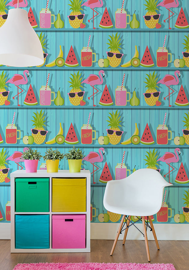 kids-teal-tropical-shelves-wallpaper-york-wallcoverings-fd42210 - York Wallcoverings Papel pintado