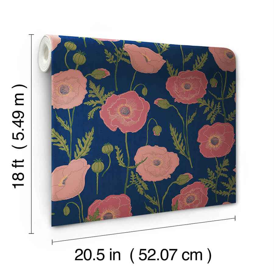 Navy Pink Poppy Field Peel and Stick Wallpaper - York Wallcoverings - JHS5028 - York Wallcoverings Wallpaper