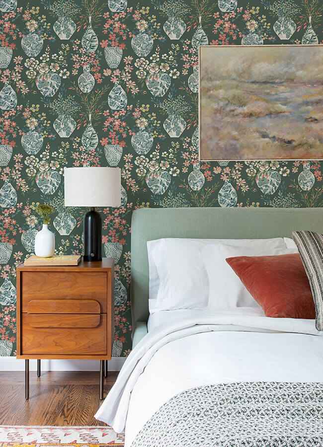 Harper Green Floral Vase Wallpaper - York Wallcoverings - 4120-72000 - York Wallcoverings Wallpaper