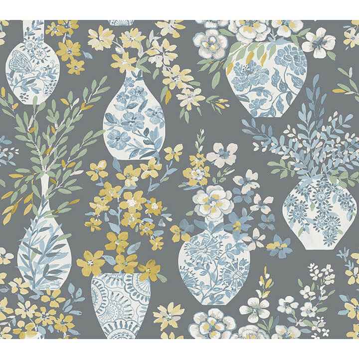 Harper Grey Floral Vase Wallpaper - York Wallcoverings - 4120-72003