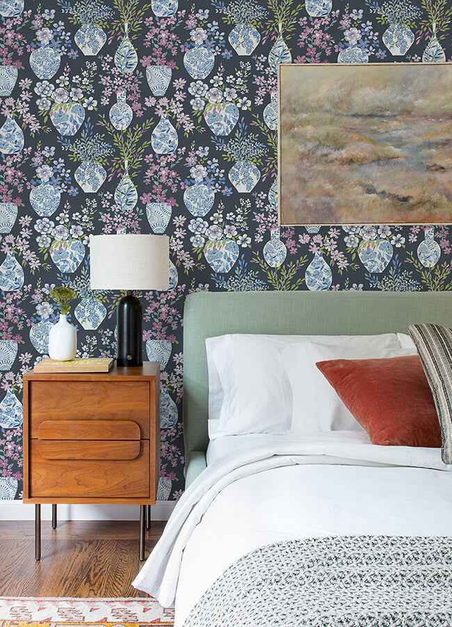 Harper Charcoal Floral Vase Wallpaper - York Wallcoverings - 4120-72004 - York Wallcoverings Wallpaper