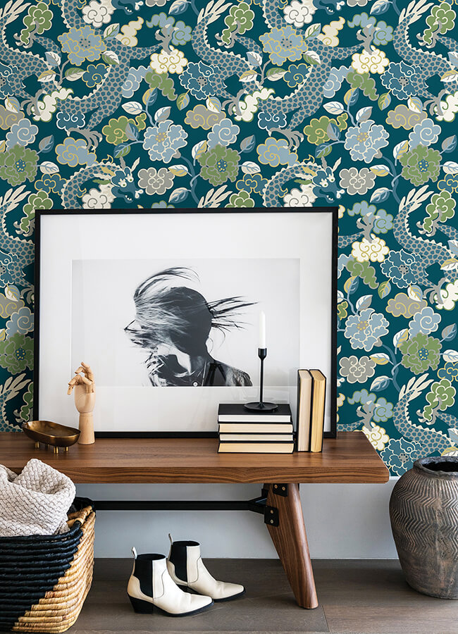 yanci-teal-dragon-wallpaper-york-wallcoverings-4120-72008 - York Wallcoverings Wallpaper