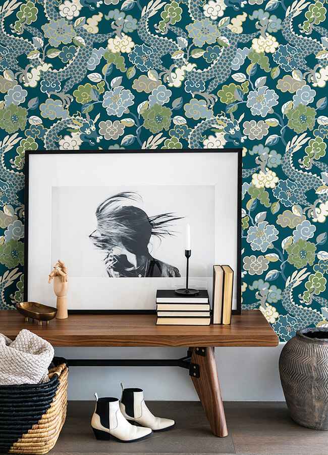 Yanci Teal Dragon Wallpaper - York Wallcoverings - 4120-72008 - York Wallcoverings Wallpaper