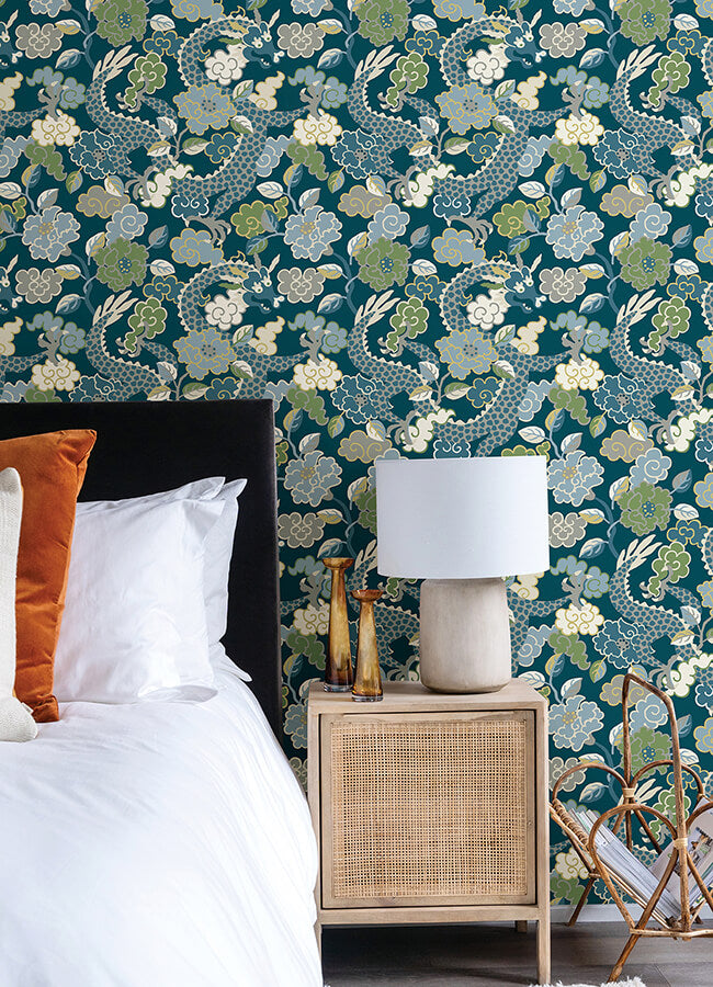 yanci-teal-dragon-wallpaper-york-wallcoverings-4120-72008 - York Wallcoverings Wallpaper