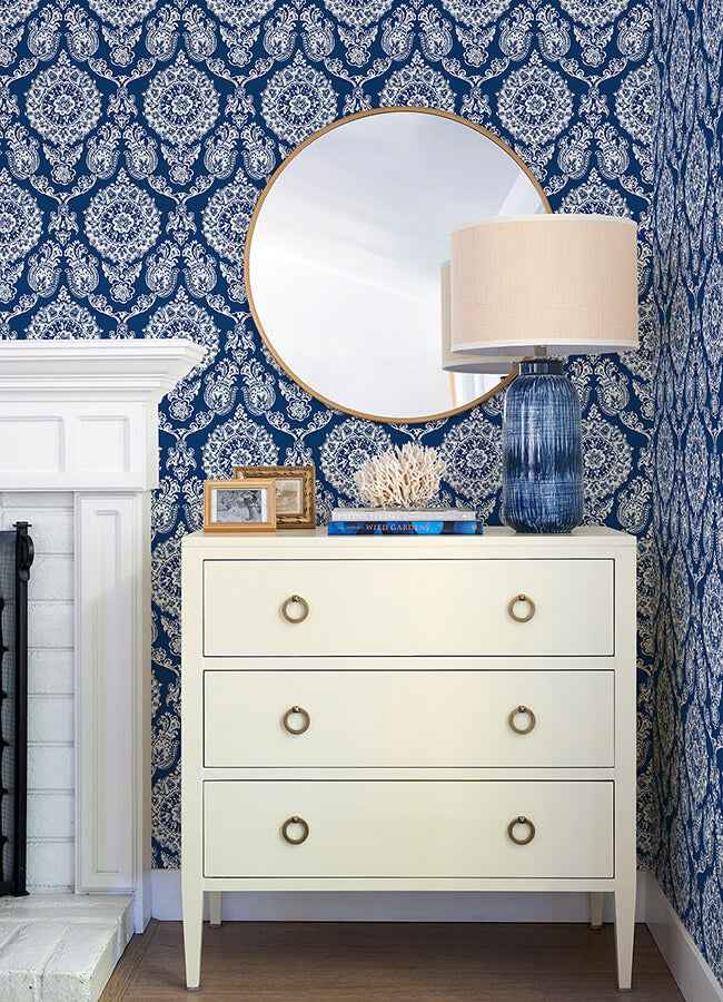Helm Damask Navy Floral Medallion Wallpaper - York Wallcoverings - 4071-71018 - York Wallcoverings Wallpaper