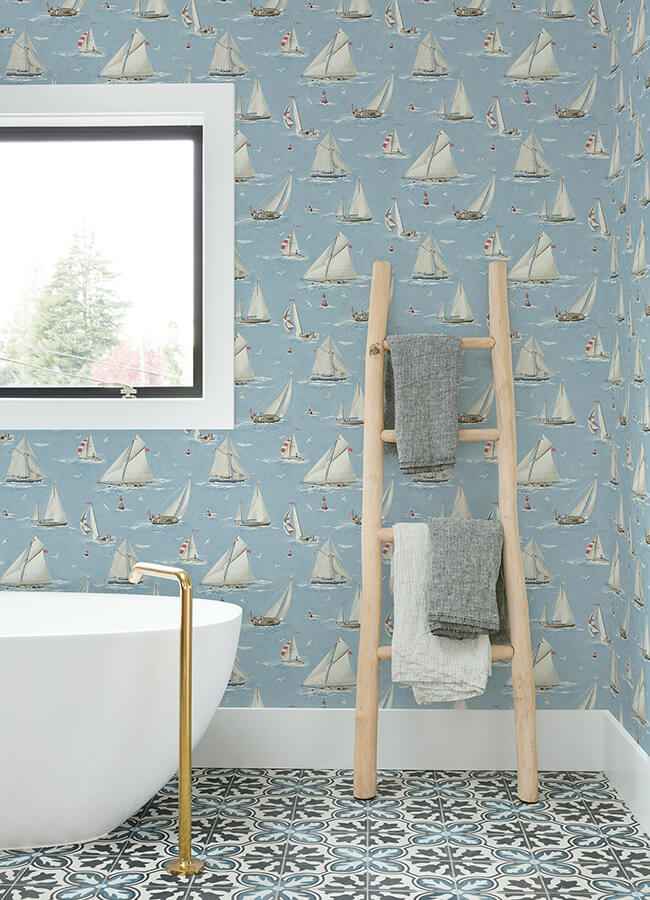 Leeward Light Blue Sailboat Wallpaper - York Wallcoverings - 4071-71034 - York Wallcoverings Wallpaper