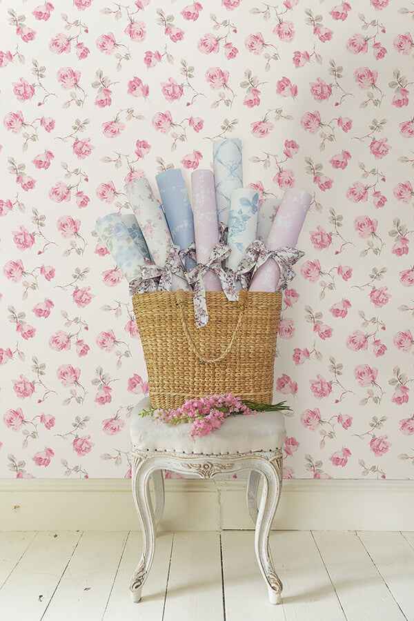 Chateau Rose Ribbon Rosa Peel and Stick Wallpaper - York Wallcoverings - LFS6109 - York Wallcoverings Wallpaper