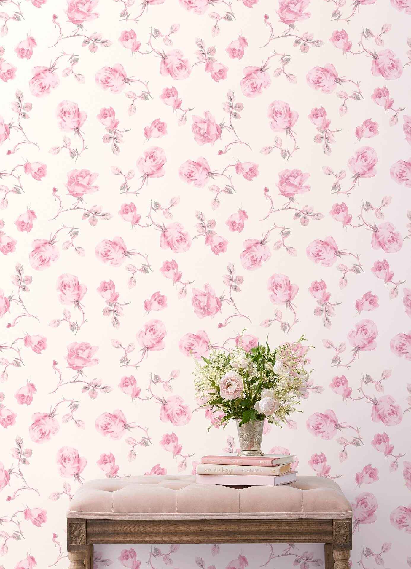Ribbon Rosa Chateau Rose Loose Roses Wallpaper - York Wallcoverings - AST6084 - York Wallcoverings Wallpaper