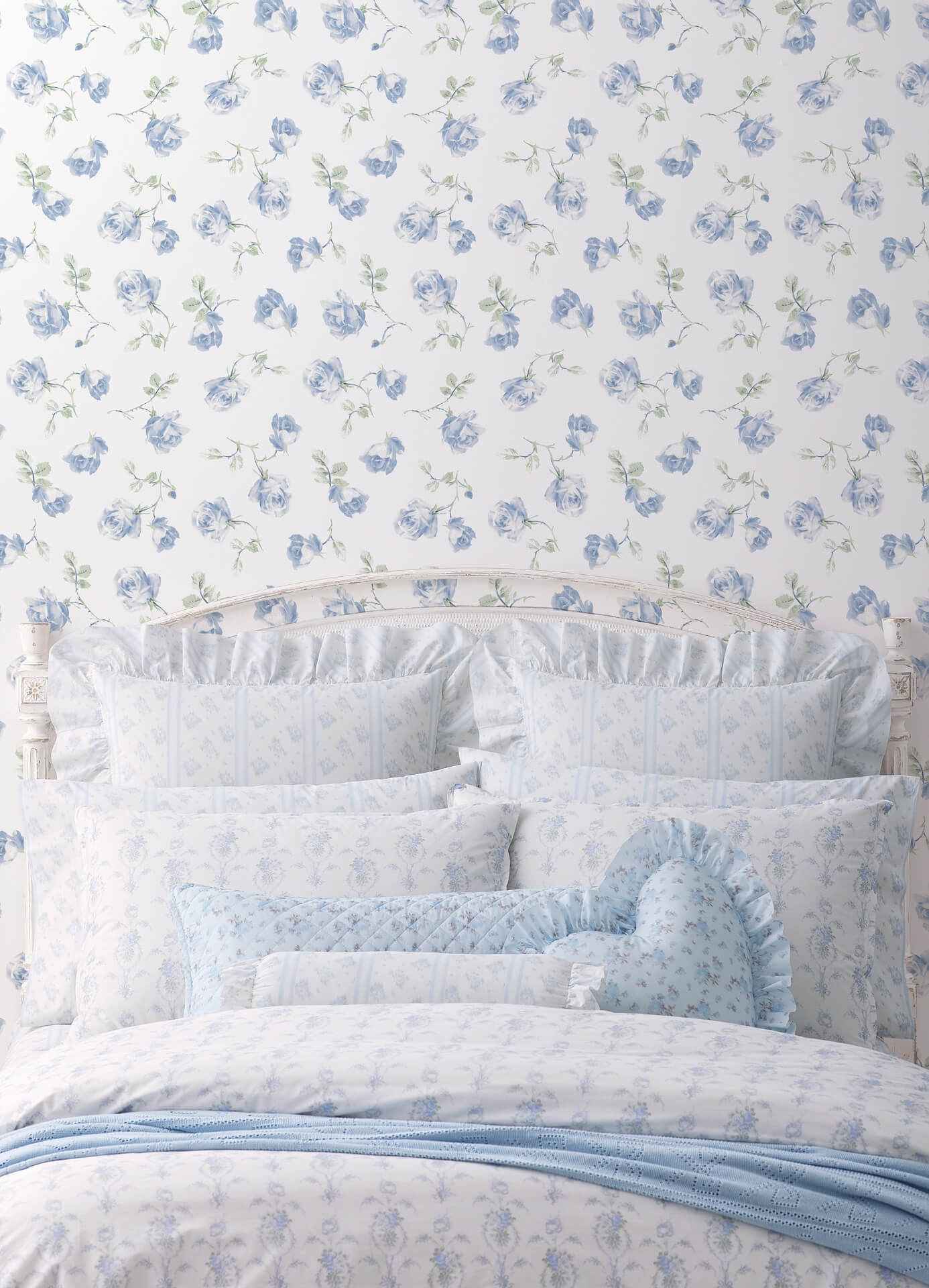 Ribbon Rosa French Blue Loose Roses Wallpaper - York Wallcoverings - AST6085 - York Wallcoverings Wallpaper