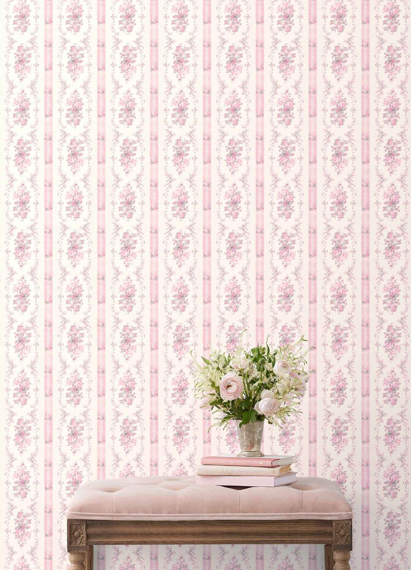 Dreamy Days Pink Parfait Stripe & Floral Wallpaper - York Wallcoverings - AST6086 - York Wallcoverings Wallpaper