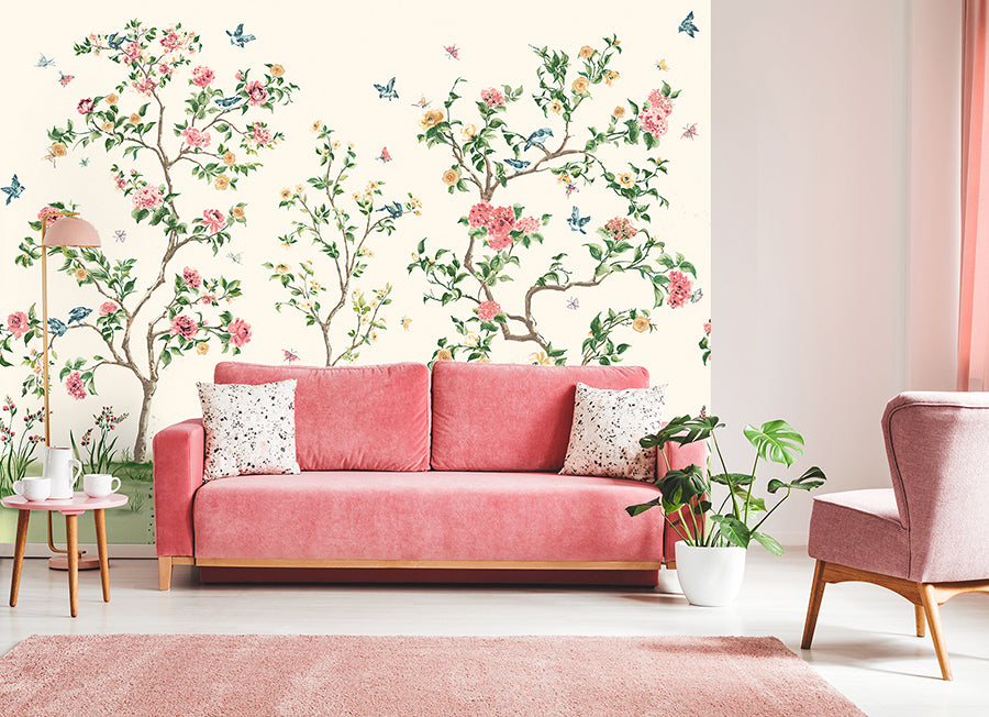 Pink Chinoiserie Floral Tree Wall Mural - York Wallcoverings - MUR193M - York Wallcoverings Wallpaper