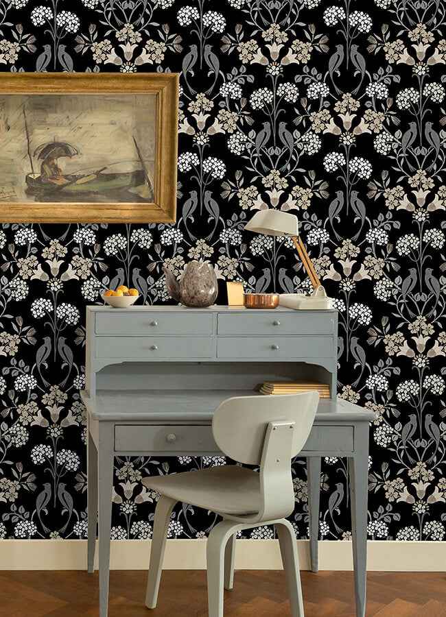 Black Neutral Meadow Song Peel and Stick Wallpaper - York Wallcoverings - NUS6095 - York Wallcoverings Wallpaper