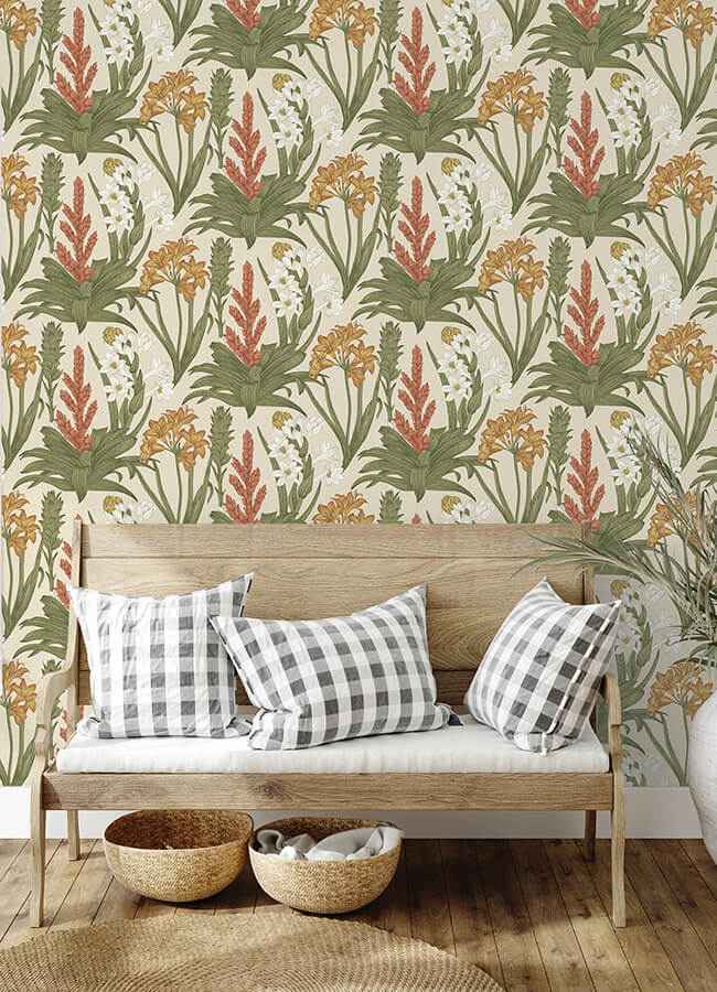 Linen Olive Blooming Villa Peel and Stick Wallpaper - York Wallcoverings - NUS6097 - York Wallcoverings Wallpaper