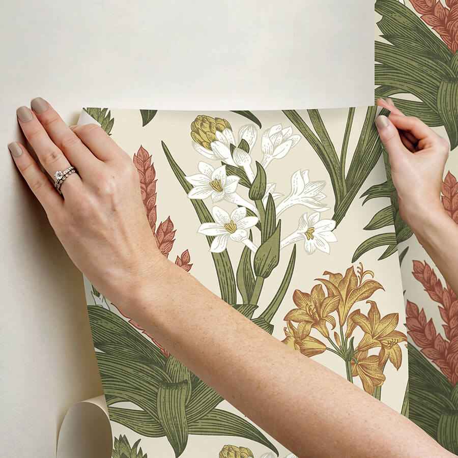 Linen Olive Blooming Villa Peel and Stick Wallpaper - York Wallcoverings - NUS6097 - York Wallcoverings Wallpaper