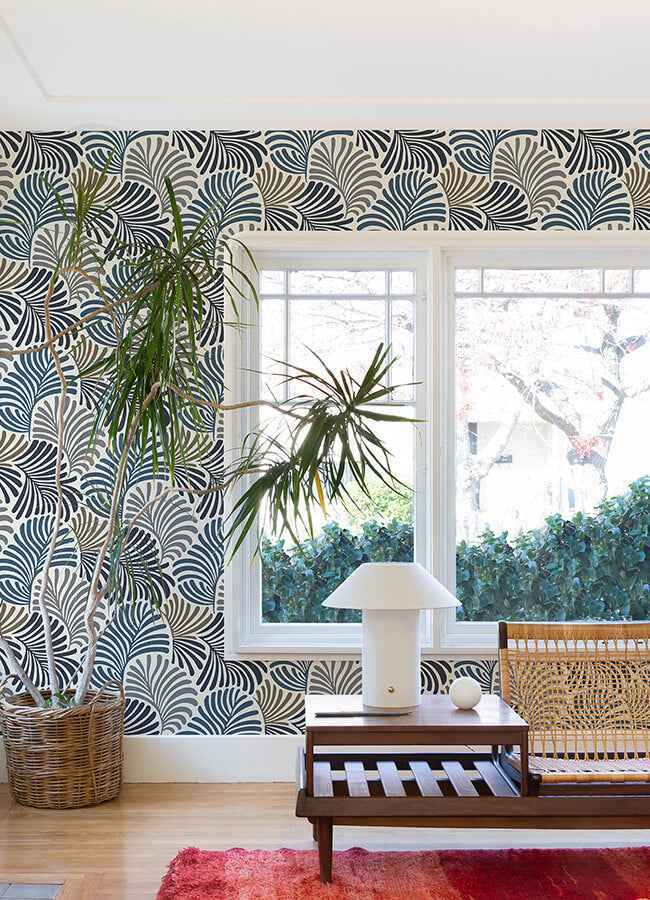 Trousdale Dark Blue Fanning Flora Wallpaper - York Wallcoverings - 4034-72124 - York Wallcoverings Wallpaper
