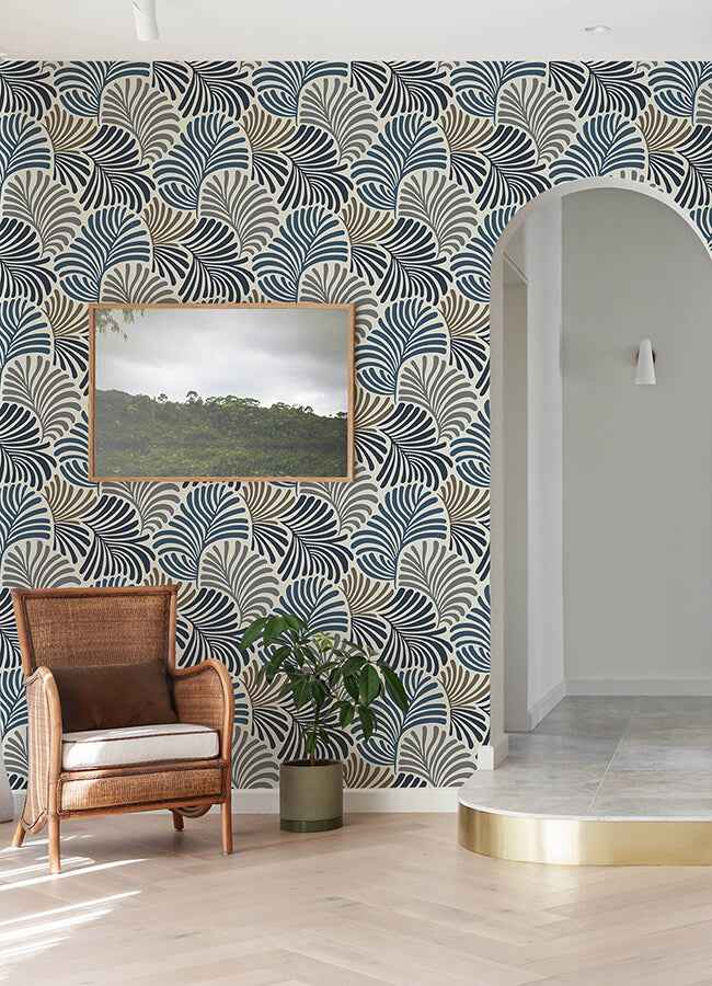 Trousdale Dark Blue Fanning Flora Wallpaper - York Wallcoverings - 4034-72124 - York Wallcoverings Wallpaper