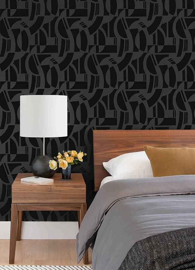 Carter Black Geometric Flock Wallpaper - York Wallcoverings - 4034-87379 - York Wallcoverings Wallpaper