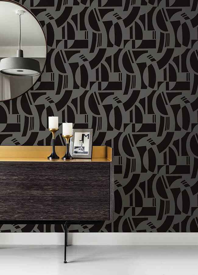 Carter Black Geometric Flock Wallpaper - York Wallcoverings - 4034-87379 - York Wallcoverings Wallpaper
