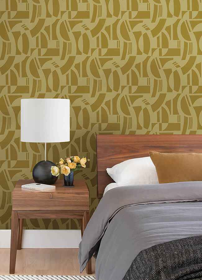 Carter Gold Geometric Flock Wallpaper - York Wallcoverings - 4034-87382 - York Wallcoverings Wallpaper