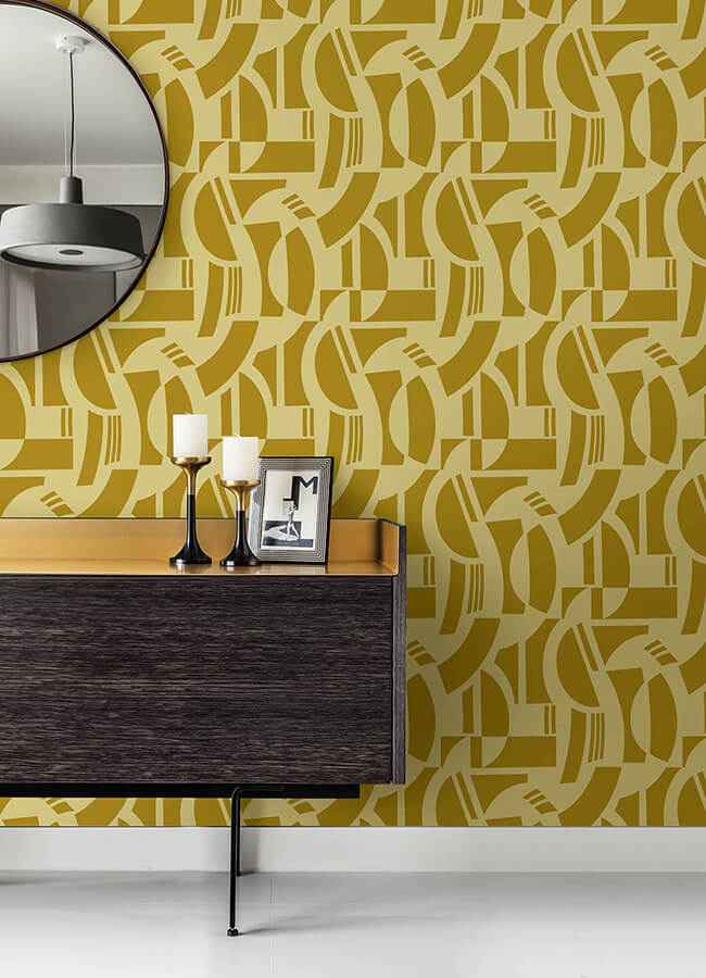 Carter Gold Geometric Flock Wallpaper - York Wallcoverings - 4034-87382 - York Wallcoverings Wallpaper