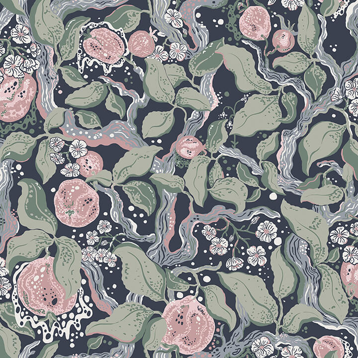 kort-dark-blue-fruit-and-floral-wallpaper-york-wallcoverings-4143-22028 - York Wallcoverings Papel pintado
